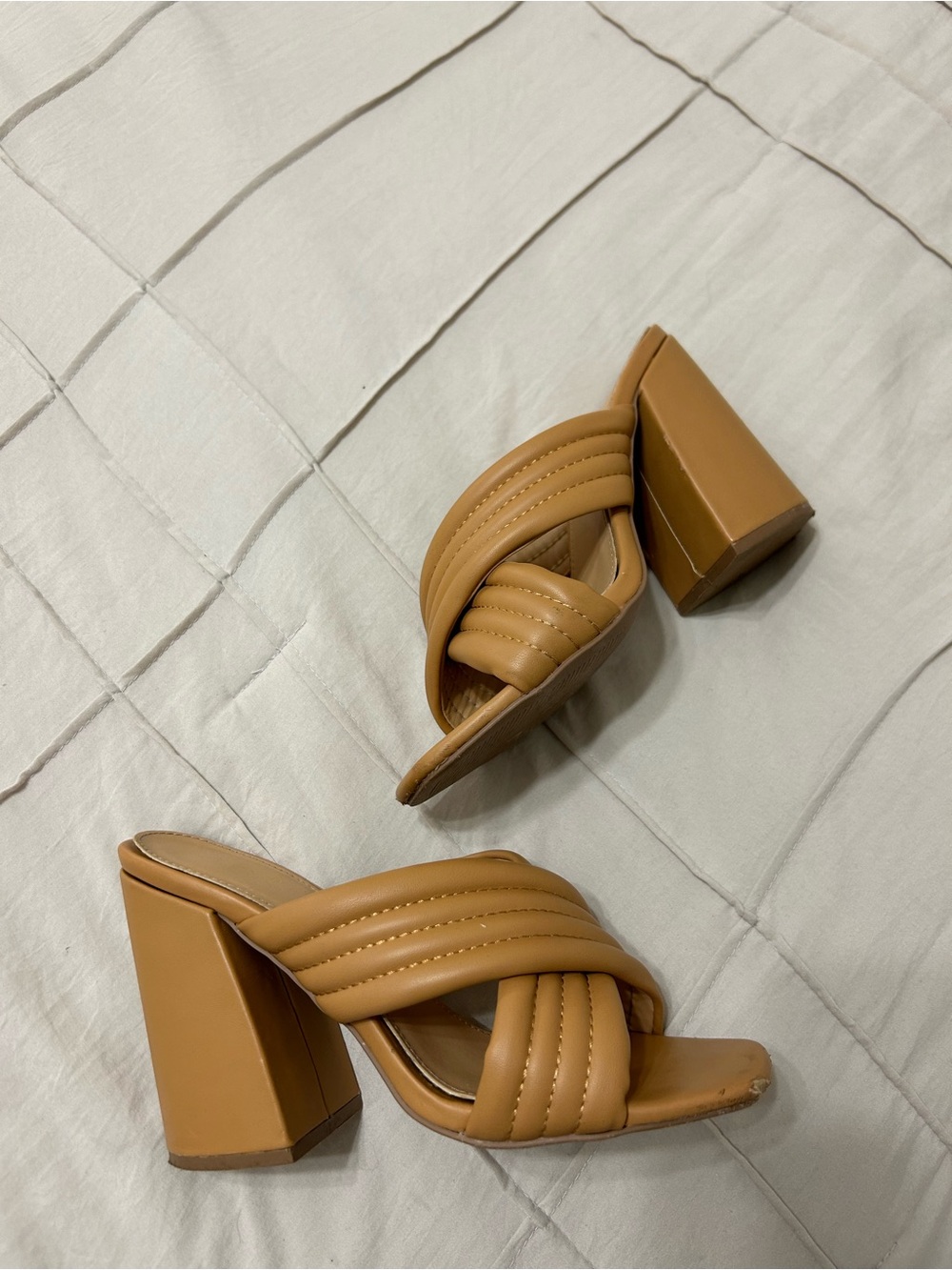 Qupid - Tan Padded Crisscross Block Heel Mules
